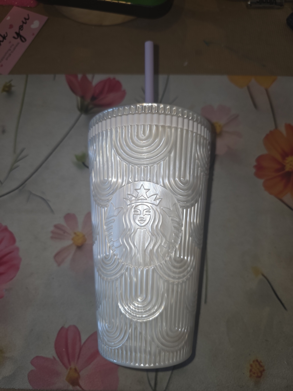 Starbucks Pearl White Embossed Cold Cup with Straw